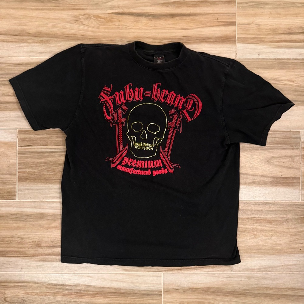 FUBU The Collection Mens XL Black Graphic T-Shirt Skull Gothic Red Logo Cotton